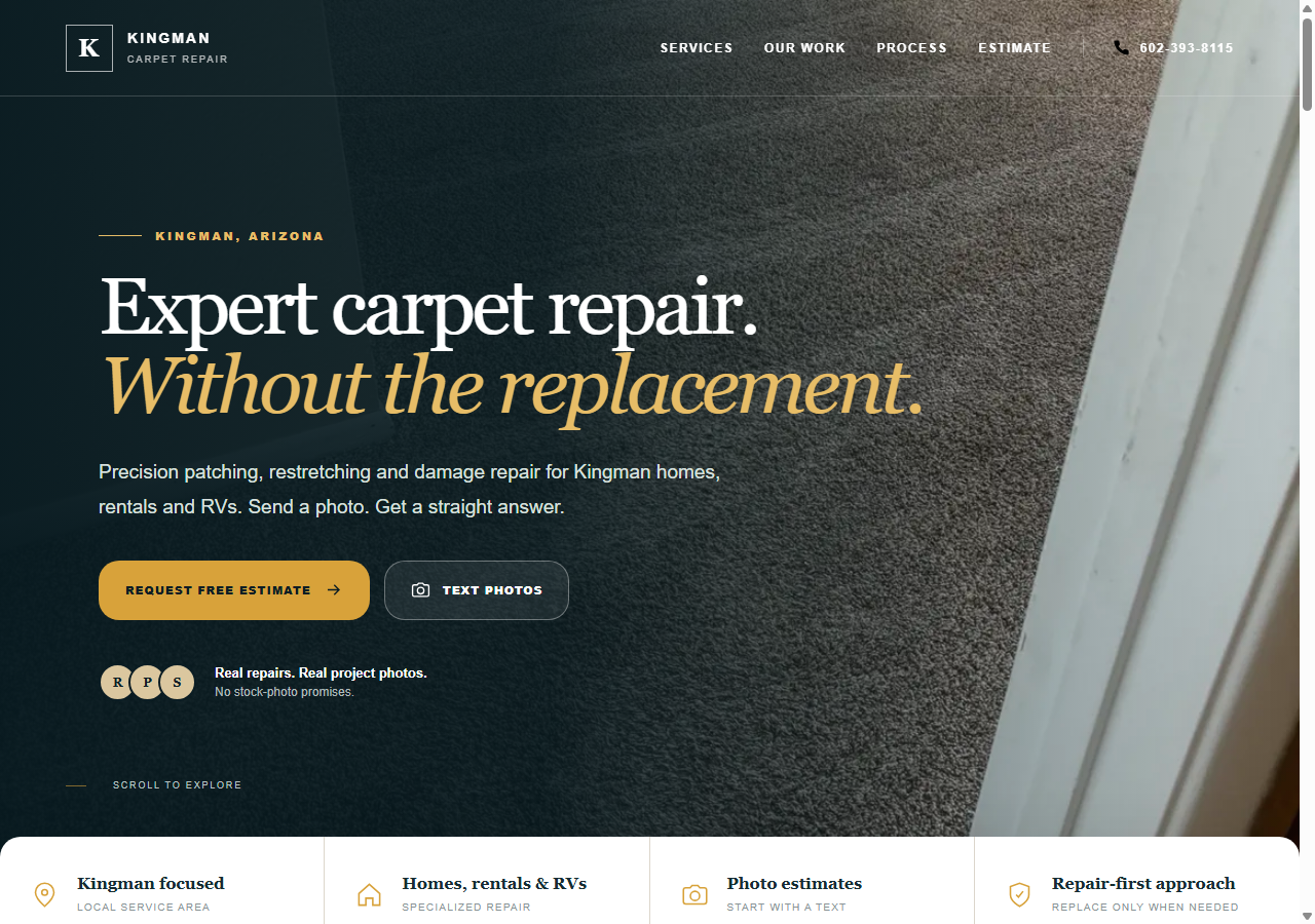 Homepage of Kingman Carpet Repair, a carpet repair website in Kingman, AZ