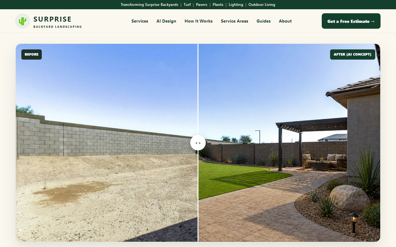 Homepage of Surprise Backyard Landscaping, a landscaping website in Surprise & the West Valley, AZ